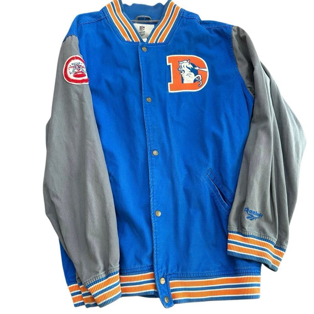 Reebok Denver Broncos NFL Men's Blue Gray Button Front Varsity Jacket Size 2XL